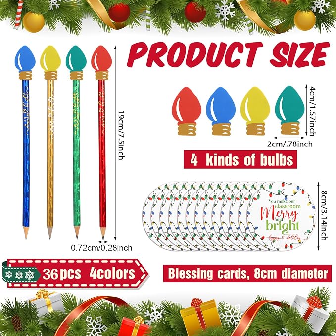 Geyoga Christmas Pencils Erasers Gifts Set with Bulb Eraser Topper, 36 Set