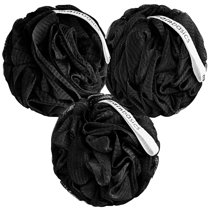 MainBasics Bath Shower Loofah Sponge Pouf Body Scrubber Exfoliator Body Wash Sponge (Set of 3, Triple Black)