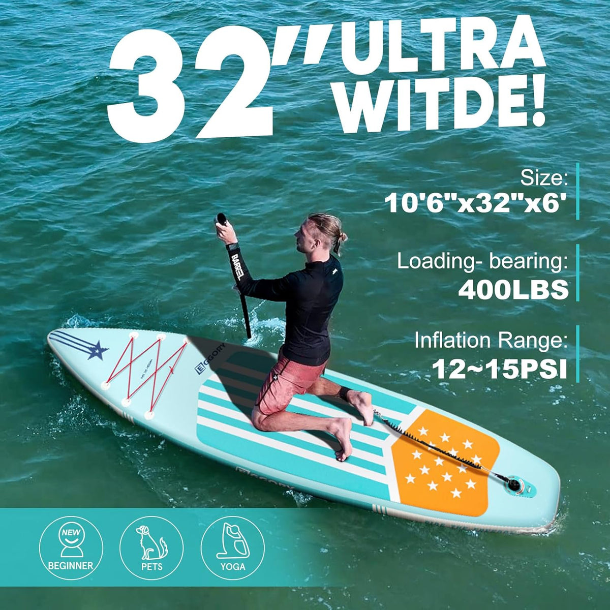 Inflatable Paddle Board,Stand Up Paddle Board Set, Extra Wide SUP Board with Removable Fin, Floating Paddle, Hand Pump, Waterproof Phone Pouch,Traveling Board