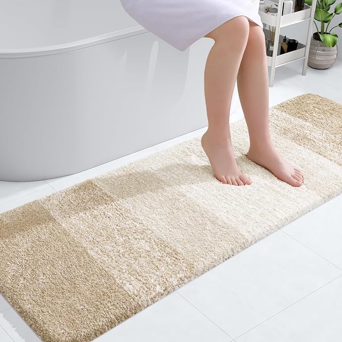 OLANLY Bathroom Runner Rugs Mat 59x20, Extra Soft Absorbent Microfiber Bath Rugs, Rubber Backing, Quick Dry, Washable Long Bath Mats for Bathroom, Tub and Shower, Home Decor Accessories, Light Beige