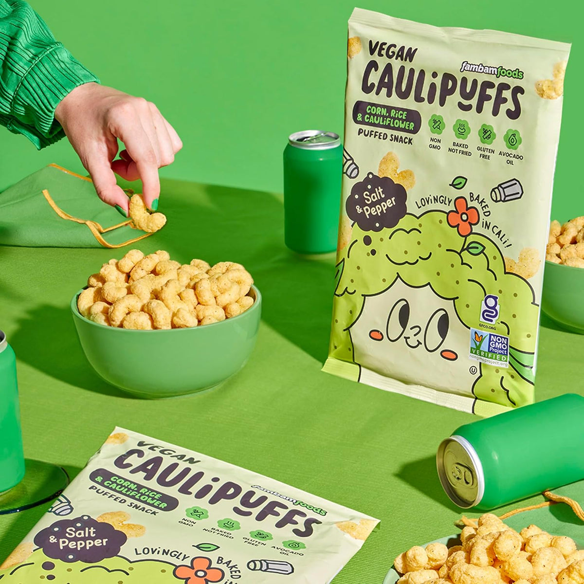 CauliPuffs - Corn, Rice, and Cauliflower Gluten Free Puffed Snack (5 x 3.0oz Bags, Vegan Salt & Pepper)