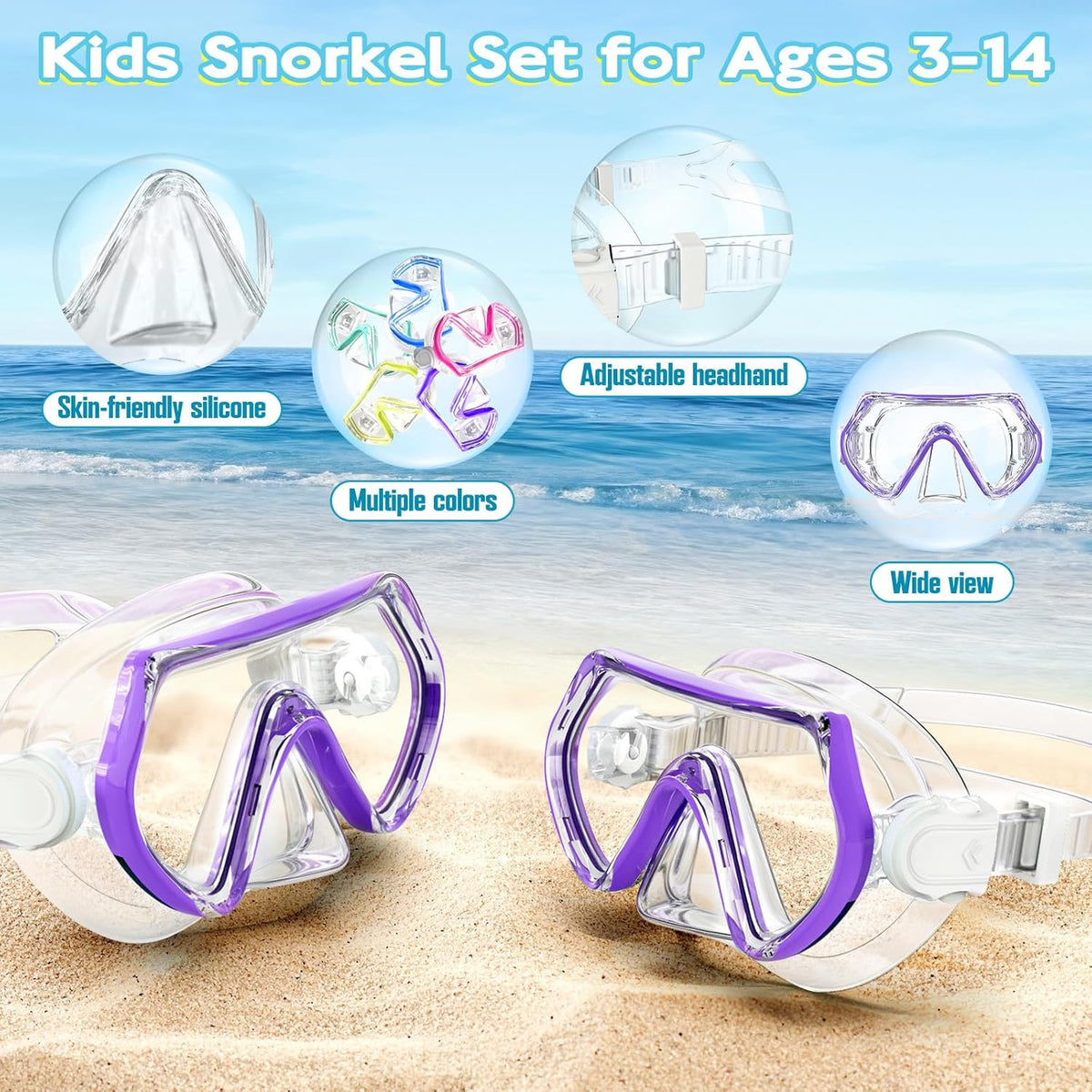 Snorkeling Gear for Kids, Kids Snorkel Set for Ages 3-14, Anti-Fog Diving Mask and Dry Top Snorkel Combo Set, Unisex Swimming Goggles