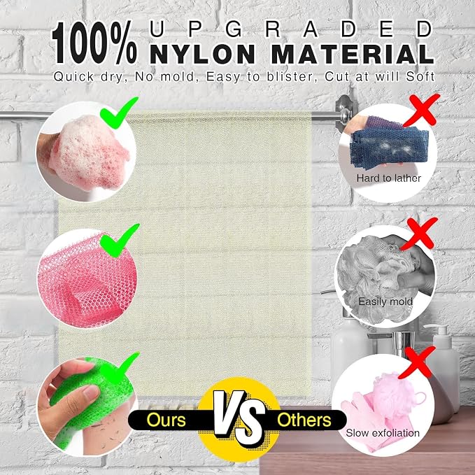 UJFQBH 4 Pieces African Net Sponge African Net Long Net Bath Sponge Exfoliating Shower Body Scrubber Back Scrubber Skin Smoother,Great for Daily Use (Purple, Orange, Green, Pink)