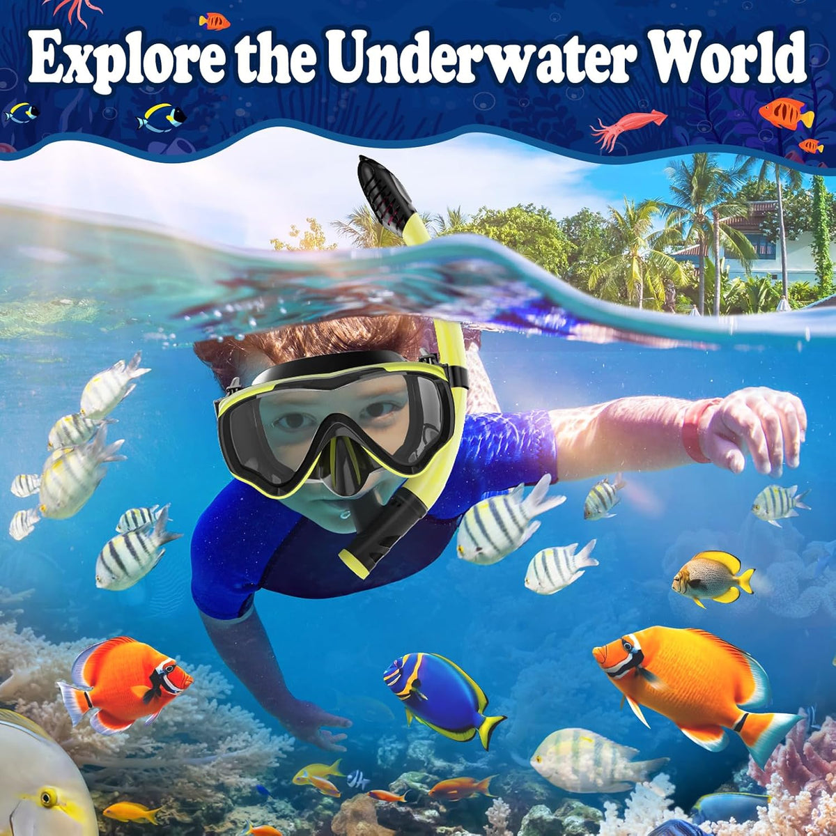 U PHITNIS Kids Snorkel Set for Age 4-14 - Dry Top Snorkeling Gear for Kids Junior & Youth - Childs Diving Mask with Big Eyes for Boys Girls - Anti-Fog Snorkeling Mask and Snorkel Set