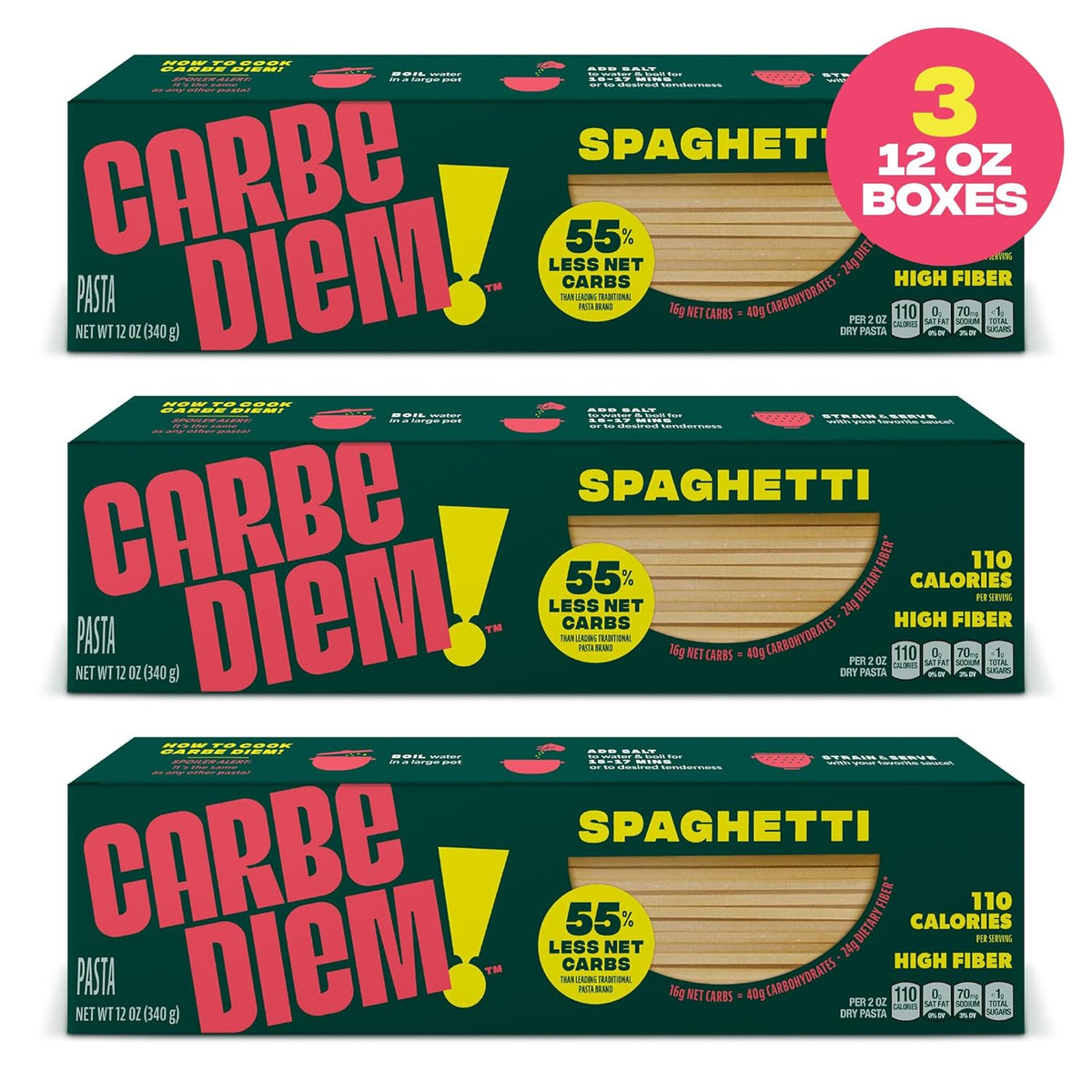 Carbe Diem!, Spaghetti, Lower Net Carb Pasta with Traditional Flavor & Texture, 55% Fewer Net Carbs & Only 110 Calories Per Serving, Pack of 3
