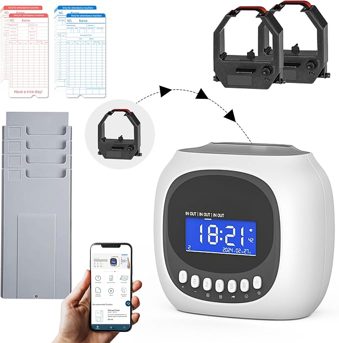 Time Clocks for Employees Small Business, Auto-Align Time Clock | 6 Punches per Day Time Machine, Clock in Machine for Employees with Time Cards, 2 Ink Ribbons(1 Inside) and 1 Rack