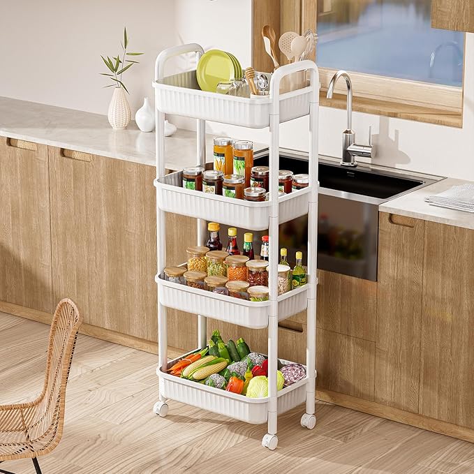 JOYZAN 4 Tier Rolling Carts with Wheels, Utility Cart with Handle and Locking Caster, Storage Cart for Kitchen, Office, Bedroom, Suitable for Diaper, Art Tools, Snack, Craft Storage Cabinet, White