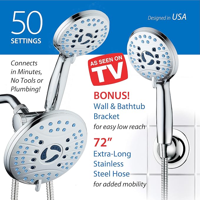 Hotel Spa AquaCare As-Seen-On-TV High Pressure 50-mode Rain & Handheld 3-way Shower Head Combo - Anti-clog Nozzles/Tub, Tile & Pet Power Wash/Extra Long 6 ft. Stainless Steel Hose/All Chrome Finish