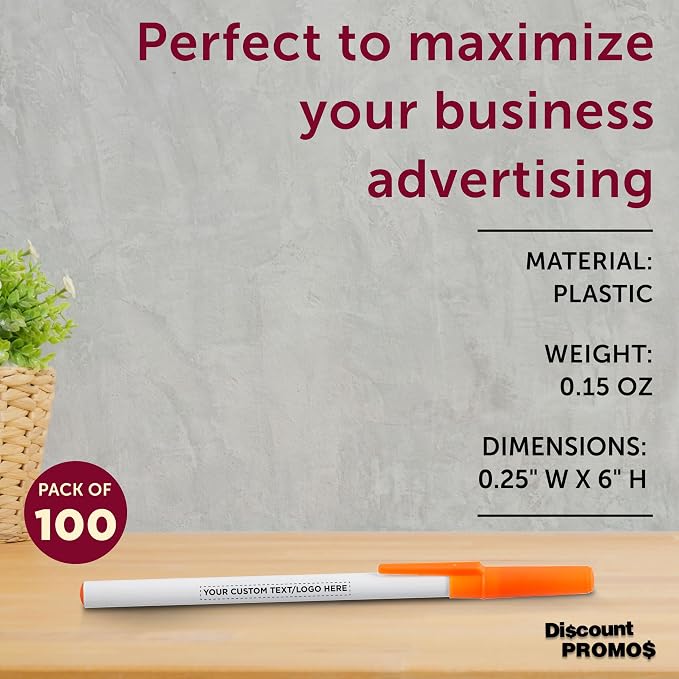 DISCOUNT PROMOS Custom Value Stick Pens Set of 100, Personalized Bulk Pack - Black Ink, Great for Office, School, Business, Tradeshows, Events - Orange