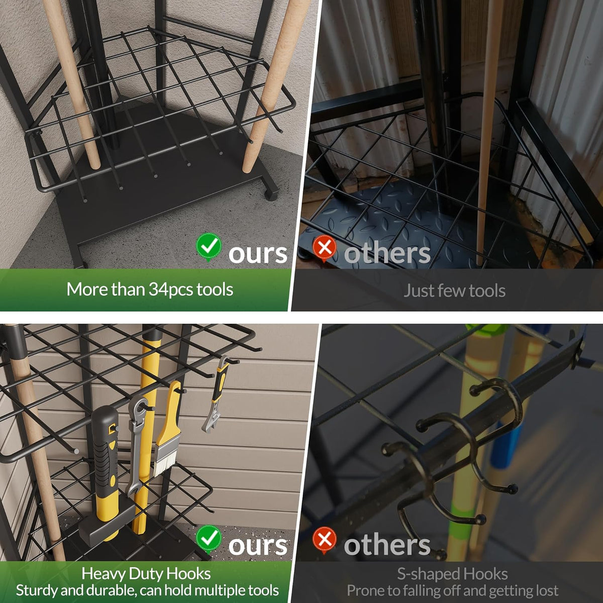 Garden Tool Organizer for Corner - Heavy Duty Metal Rack with 34 Storage Compartments & 14 Hooks for Shovels, Rakes, Long-Handled Tools, Ideal for Garden, Shed, Garage Storage