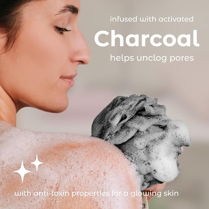 MainBasics Charcoal Infused Bath Shower Loofah Sponge Pouf Body Wash Scrubber (Set of 3)