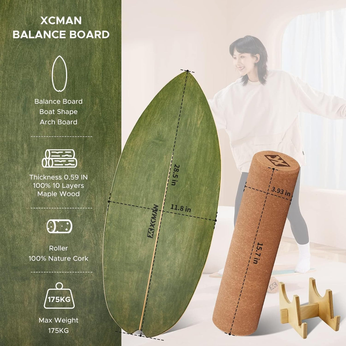 XCMAN Surf Balance Board Trainer with Roller Wooden Exercise Balancing Stability Trainer - Non Slip Surface for Adults Kids|Balance Board for Surfing,Snowboarding,Skateboarding,Hockey,Yoga Training