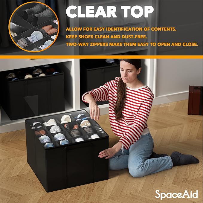 SpaceAid Shoe Organizer for Closet, 2 Pack Foldable Shoe Storage Containers Baskets Boxes Bins w/Adjustable Dividers, Fits 16-32 Pairs, Black