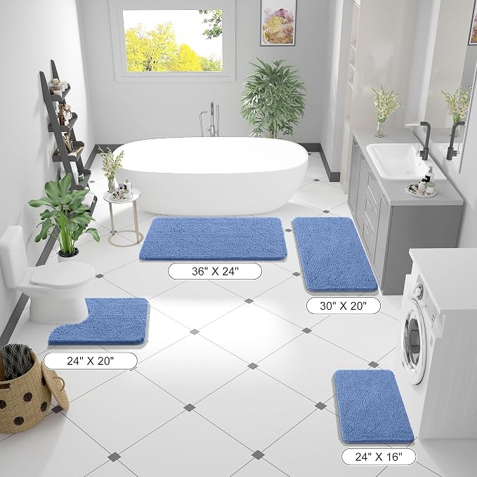 OLANLY Bathroom Runner Rugs 47x20, Soft Absorbent Chenille Bath Rugs, Rubber Backing Quick Dry, Machine Washable Long Bath Mats for Bathroom, Tub and Shower, Home Decor Accessories, Cornflower Blue