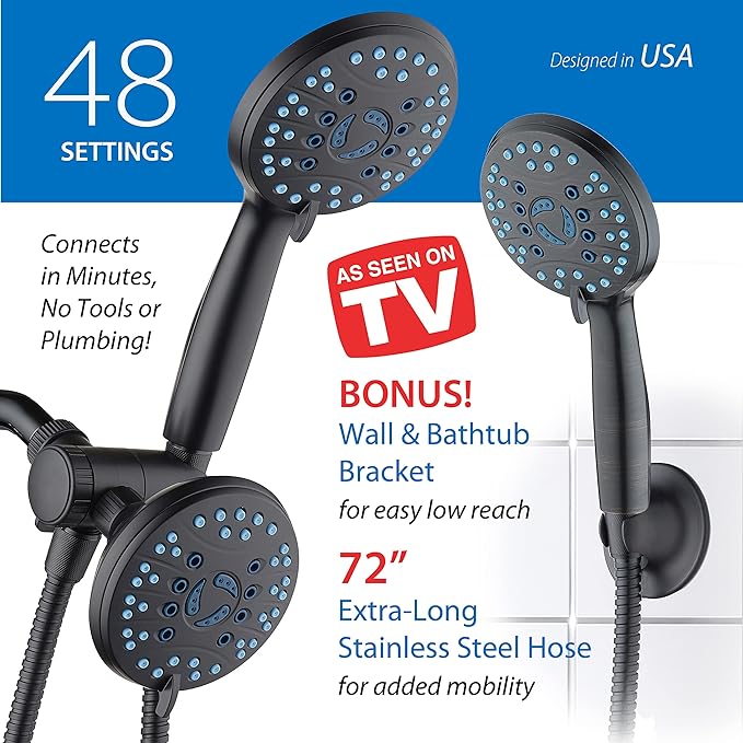 Hotel Spa AquaCare As-Seen-On-TV High Pressure 48-setting Rain & Handheld 3-way Shower Head Combo - Anti-clog Nozzles/Tub, Tile & Pet Power Wash/Extra Long 6 ft. Hose/Matte Black Finish