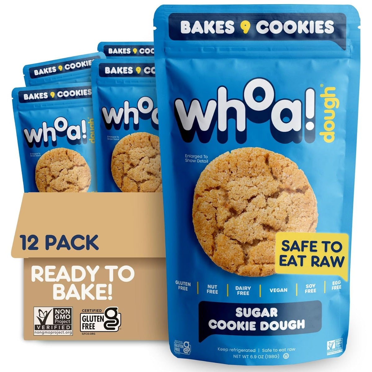 Whoa Dough Ready to Bake Cookie Dough Sugar Cookie – Certified Non-GMO, Kosher, Gluten Free – Plant-Based Snack Dough Made with Real Ingredients – 12 Pack