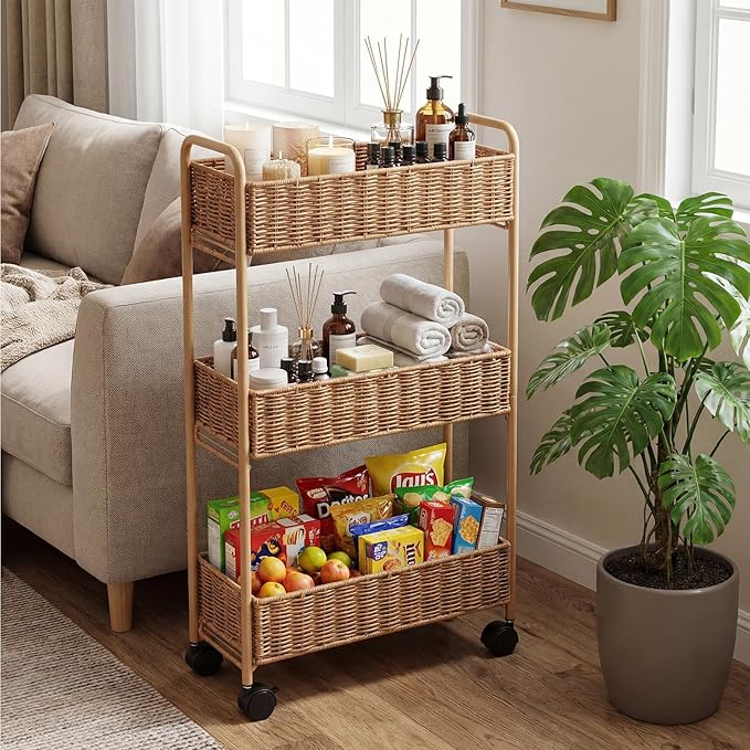 FOCHIER F Utility Slim Storage Cart,3-Tier Rolling Kitchen Office Laundry Room Cart,Mobile Shelving Unit Organizer for Living Room Bathroom Baby Diaper Narrow Places (Natural, 3 Tiers-7.1 inch (W))