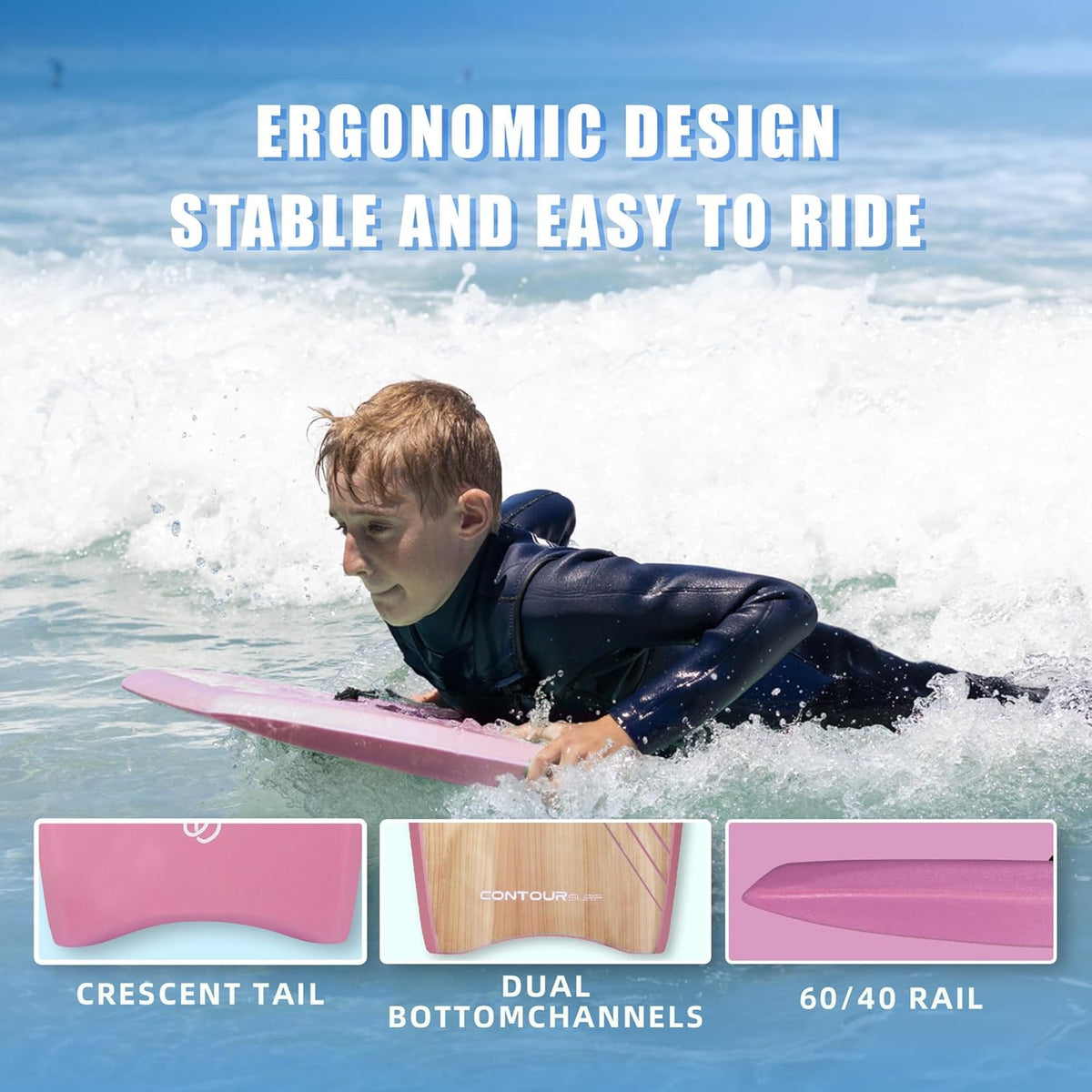 Reed Body Board 33 Inches Bodyboard Body Boards for Beach Kids Lightweight EPS Core Dual Channel Double Swivel Coiled Wrist Leash for All Surfing Levels