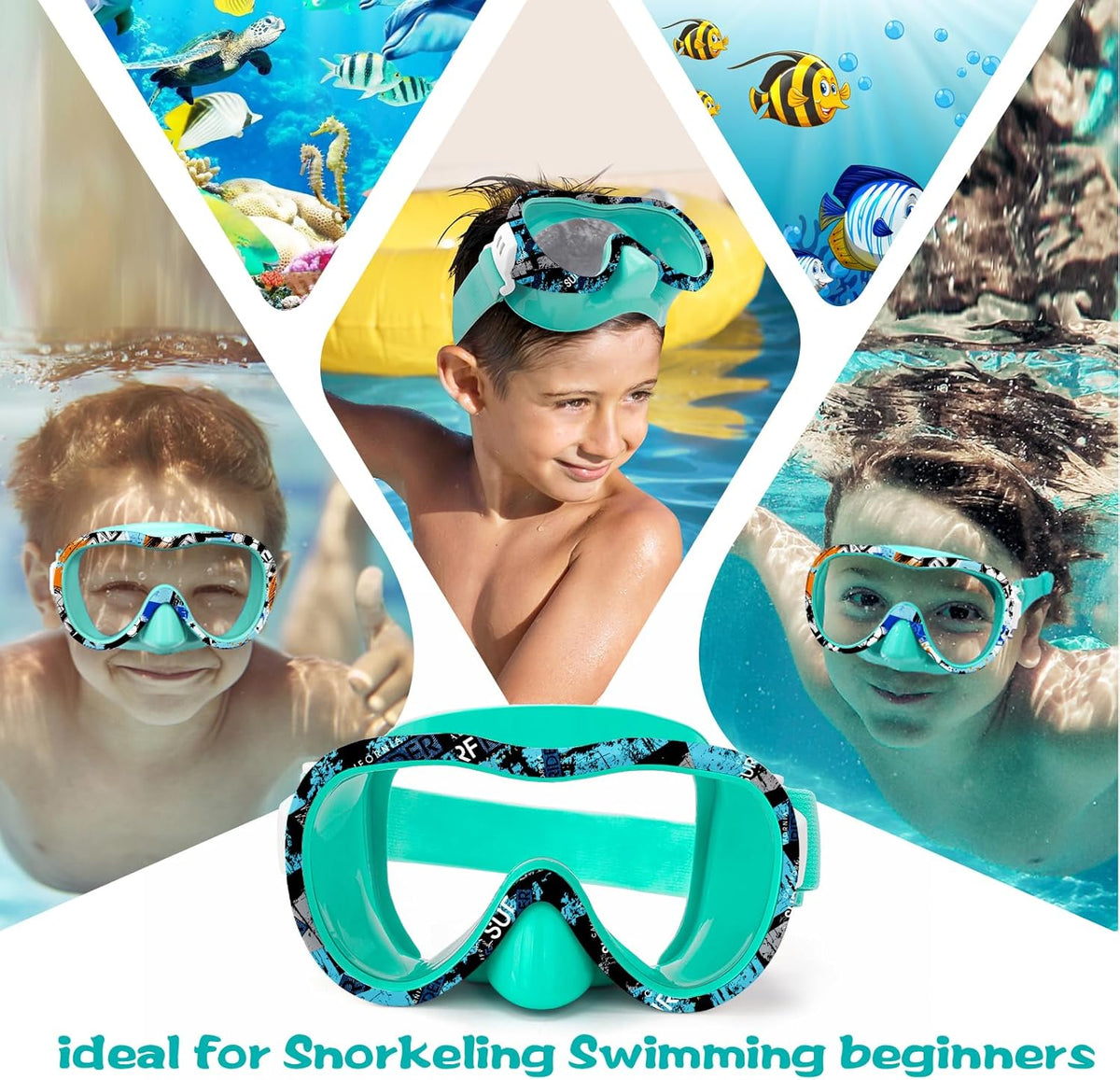 Kids Swim Goggles 180° Snorkel Diving Mask with Nose Cover, Anti-Fog Kids Swimming Goggles with Elastic Fabric Strap for Kids Boys Girls