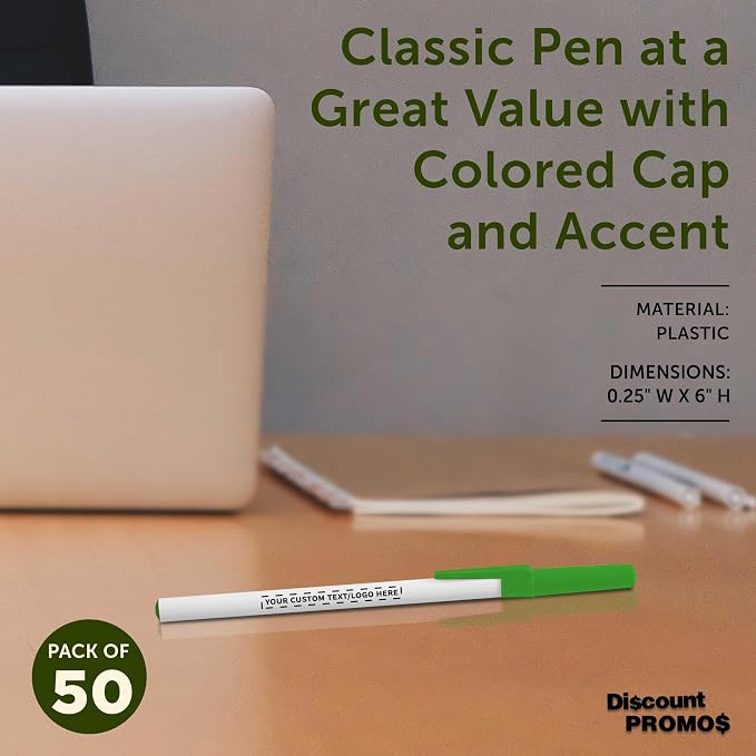 DISCOUNT PROMOS Custom Value Stick Pens Set of 50, Personalized Bulk Pack - Blue Ink, Great for Office, School, Business, Tradeshows, Events - Green Cap