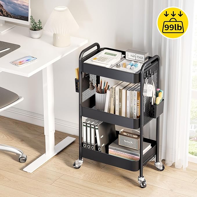TOOLF 3 Tier Rolling Cart Storage Organizer, Metal Rolling Utility Car with Wheels, Hooks & Bins Esthetician Art Sturdy Storage with Pegboard for Bathroom, Kitchen, Office, Nursery Diaper