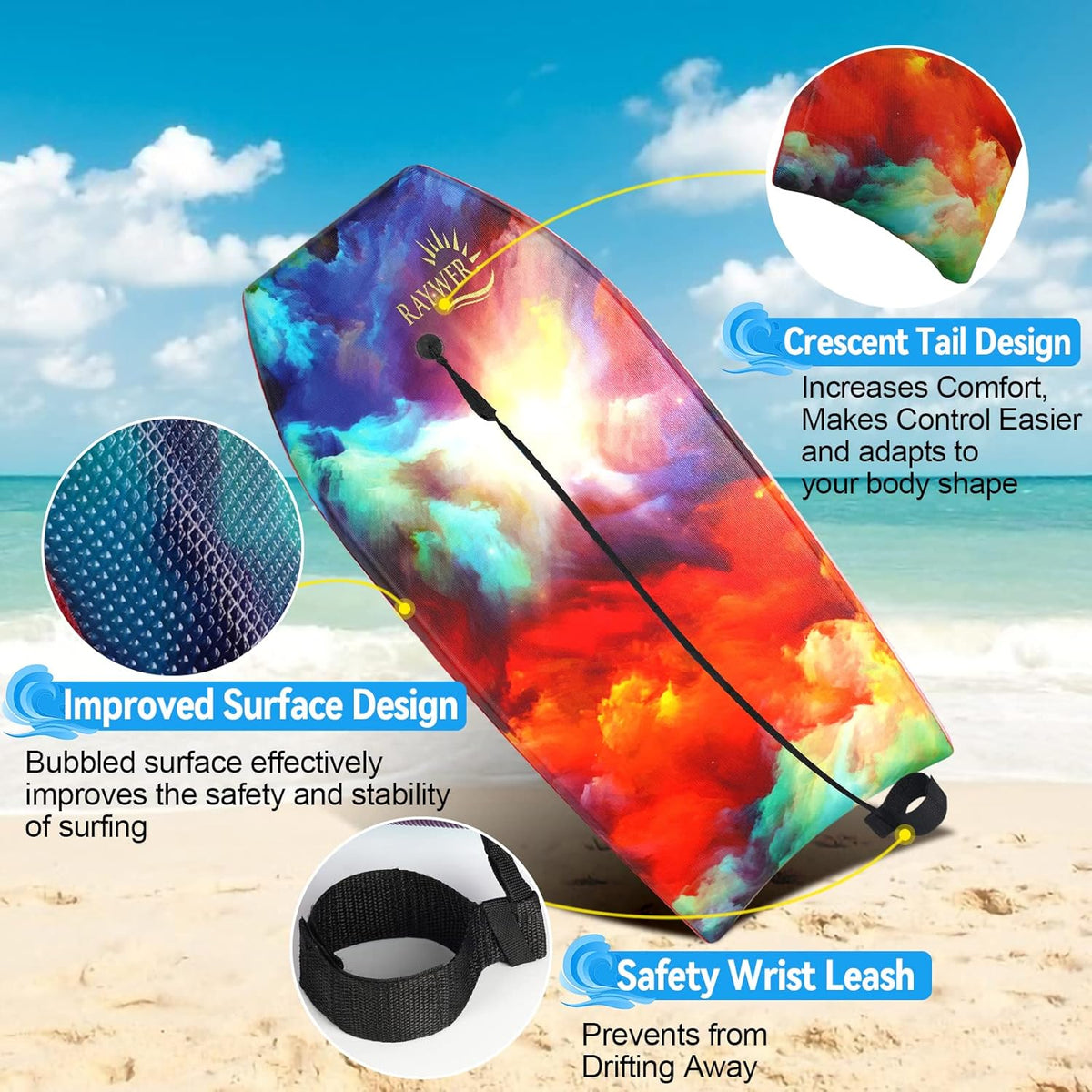 Body Board Lightweight with EPS Core, HDPE Slick Bottom, Leash & Adjustable Wrist Rope, Great Surfing for Kids and Adults