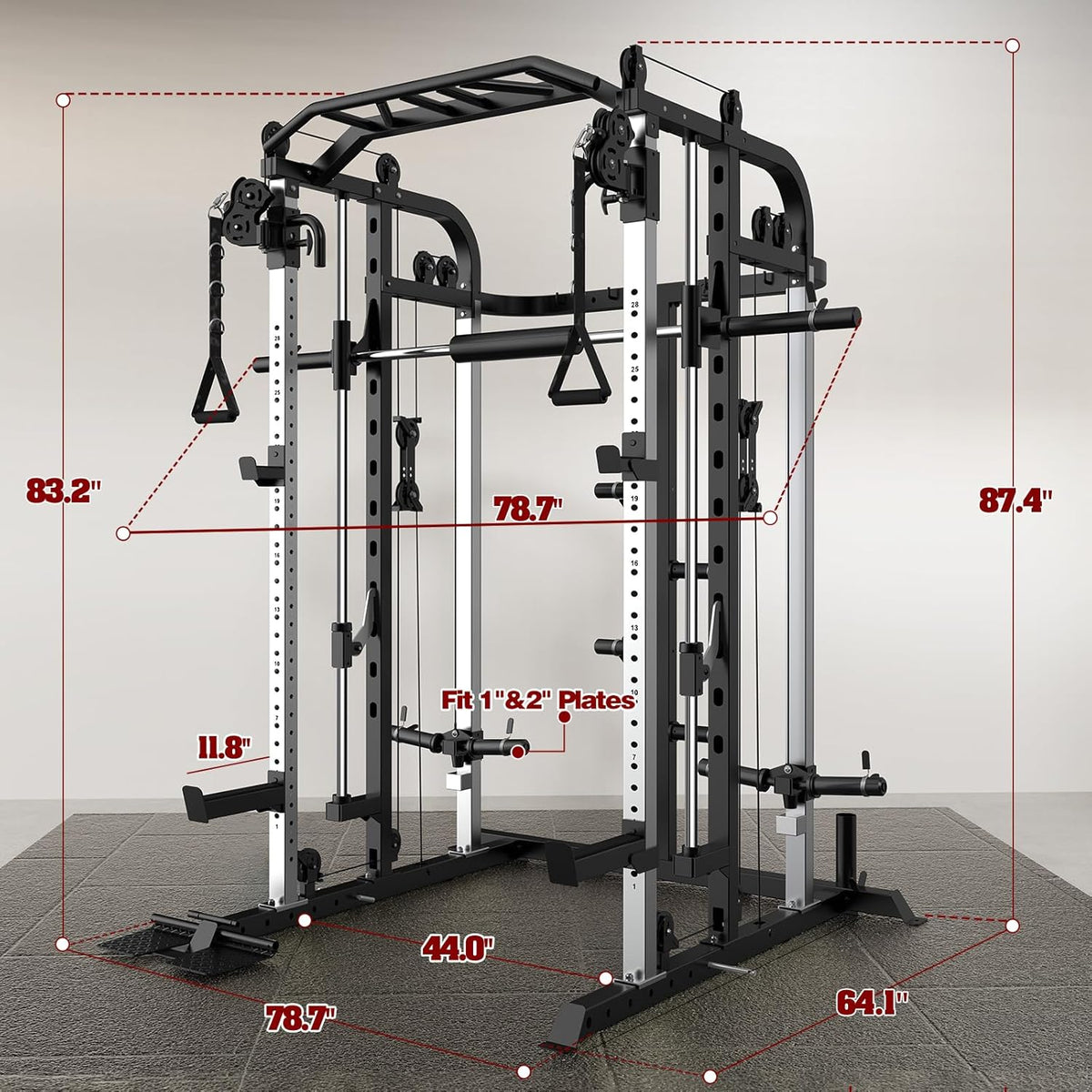 Smith Machine, Multifunctional Power Cage Rack with Smith Bar and Cable Pulley System, and LAT Pull Down Machine for Home Gym…