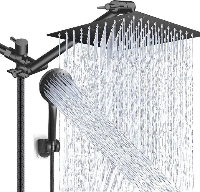Shower Head Combo,10 Inch High Pressure Rain Shower Head with 11 Inch Adjustable Extension Arm and 5 Settings Handheld Powerful Shower Spray Against Low Pressure Water - Matte Black