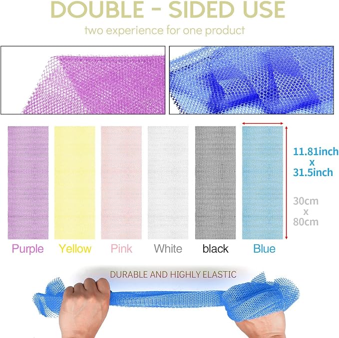 UJFQBH 6 Pieces African Bath Sponge African Net Long Net Bath Sponge Exfoliating Shower Body Scrubber Back Scrubber Skin Smoother,Great for Daily Use (Pink, Yellow, Purple, Blue, Black, Off-White)