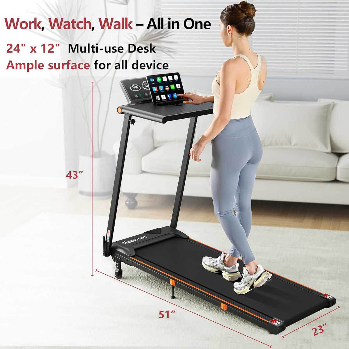Foldable Treadmill with Incline Treadmill with Home Removable Desk Workstation 3.0 HP 3 in 1 Folding Small Compact Walking Treadmills 300 Lbs Capacity for Home Office