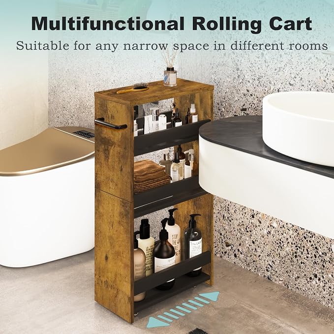 MARTY Rolling Storage Cart 7.9" W, 4-Tier Narrow Kitchen Cart with Wheels Handle, Slim Storage Mobile Shelving Utility Carts for Bathroom Laundry Room Organization Small Spaces(Rustic Brown)