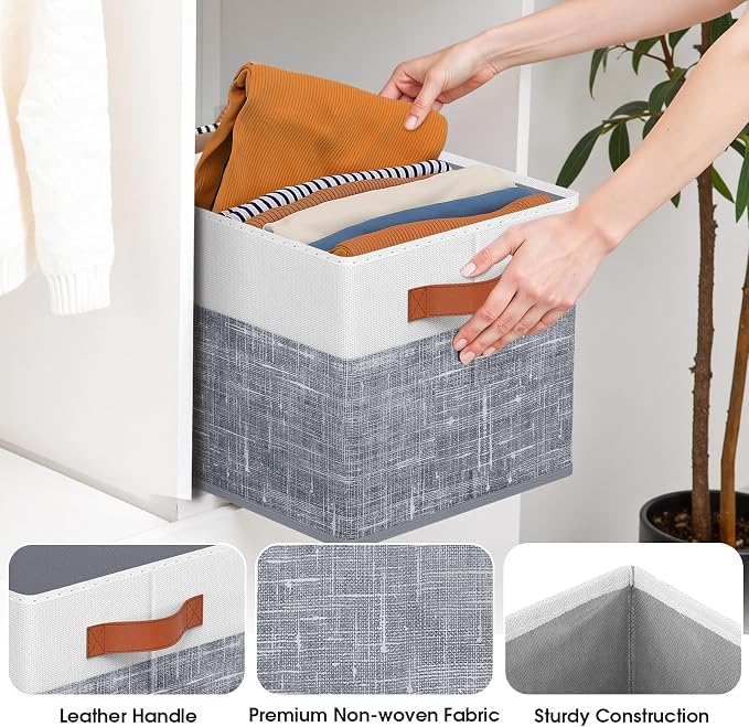 Fab totes Collapsible Storage Baskets for Shelves,14"x10", 6 Pack Foldable Fabric Storage Bins with Double Leather Handles, Large Baskets for Organizing Books, Clothes, White & Grey