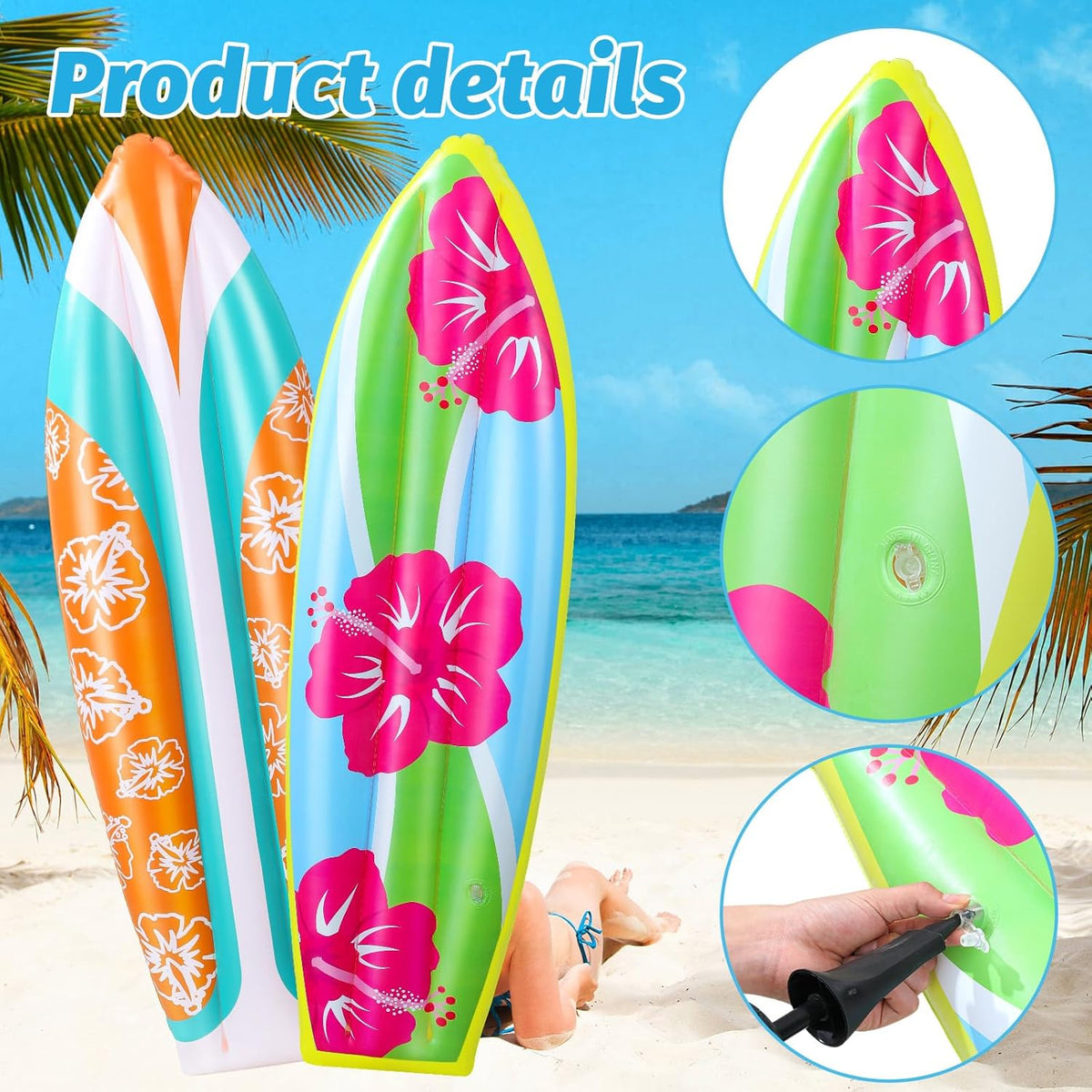 4 Pcs 36 Inch Inflatable Surf Board Inflatable Luau Party Decorations Blow up Surfboard (Flower Style)