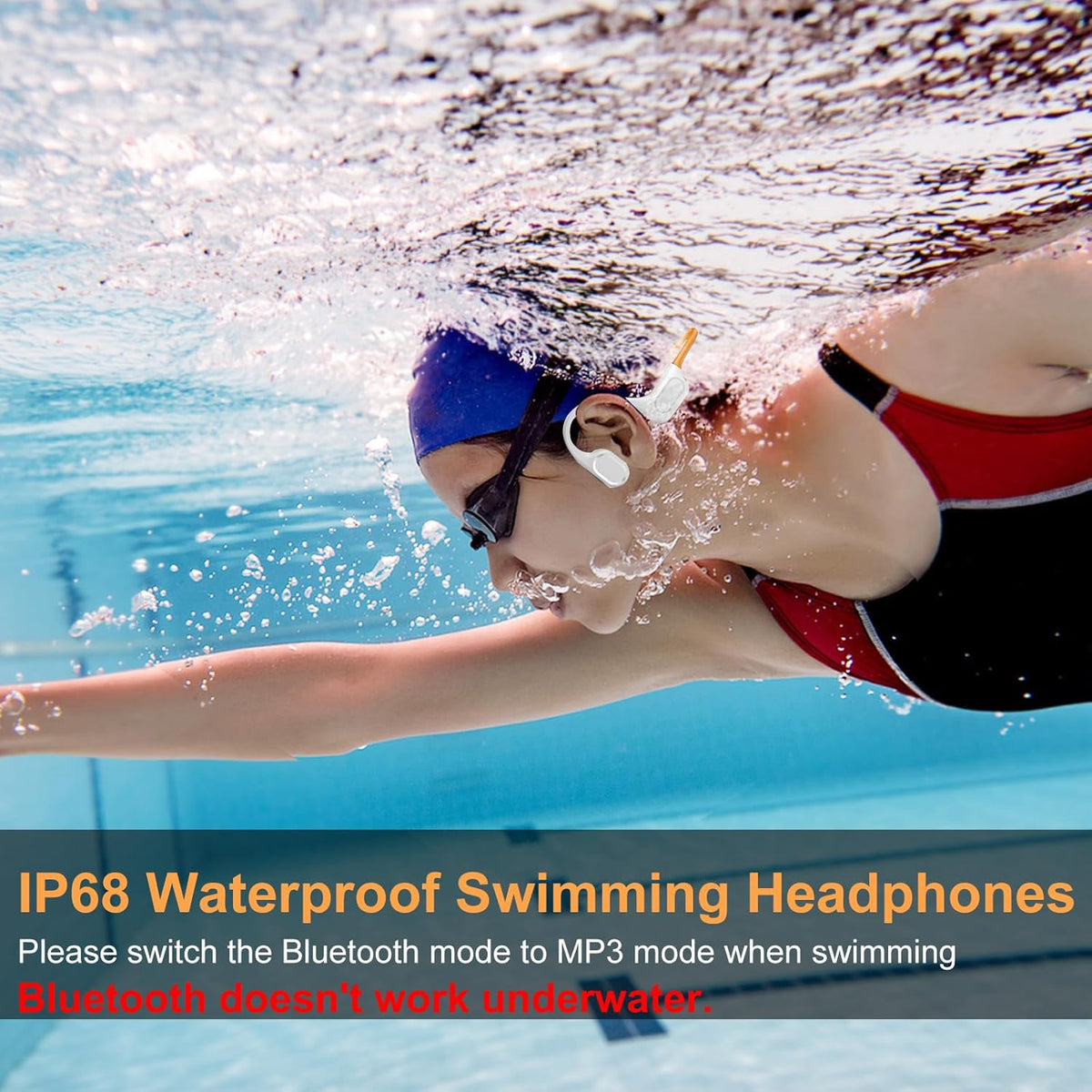 Bone Conduction Bluetooth Headphones-SurfAudio, IP68 Waterproof Swimming Headphones with 32GB MP3 Player, Lightweight Open Ear Design for Swimming/Surfing/Marathon/Cycling((Beige Orange)