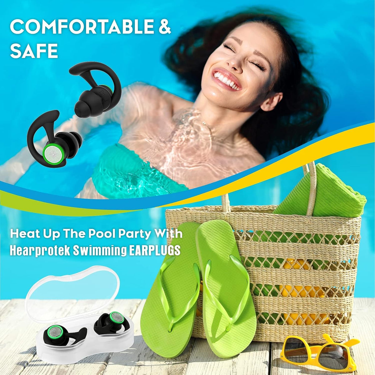 Hearprotek 2 Pairs Ear Plugs for Swimming Adults, Reusable Custom-fit Swim Water earplugs Men Women for Swimmers Shower Pool Bath Surfing Kayaking Canoeing(Black)