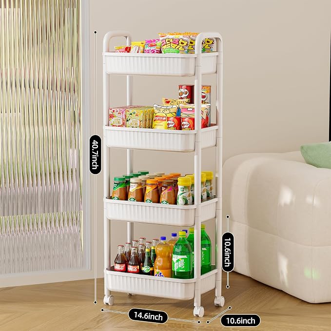 JOYZAN 4 Tier Rolling Carts with Wheels, Utility Cart with Handle and Locking Caster, Storage Cart for Kitchen, Office, Bedroom, Suitable for Diaper, Art Tools, Snack, Craft Storage Cabinet, White