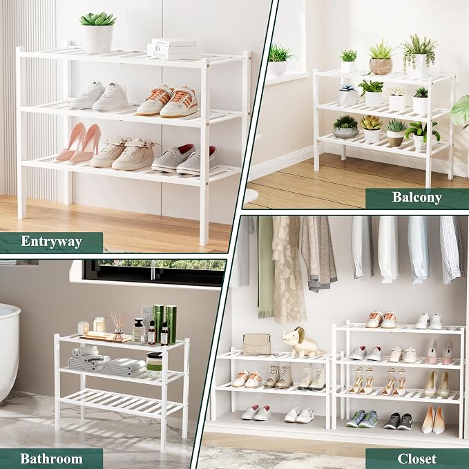 Smiry Small Bamboo Shoe Rack, 2 Tier Free Standing Wooden Shoe Organizer, Stackable Wood Shoe Storage Shelf for Closet, Entryway, 12 Vertical Slats, One-piece Standard Legs, 17.3"x11"x13", White