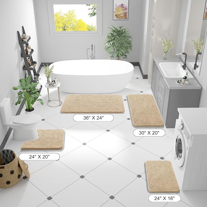 OLANLY Toilet Rugs U-Shaped 24x24, Extra Soft Absorbent Chenille Contour Bathroom Rugs for Toilet, Dry Quickly, Machine Washable, Non-Slip Bath Mat, Beige