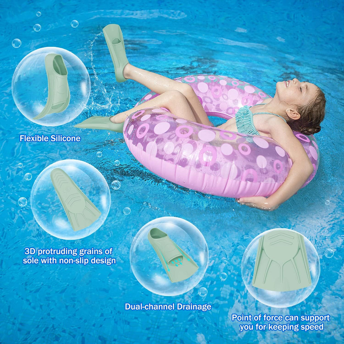 Gintenco Swim Fins, Kids Swim Training Fins for Lap Swimming, Travel Size Flippers with Mesh Bag, Silicone Swimming Fins for Kids Teens Adults Women Men