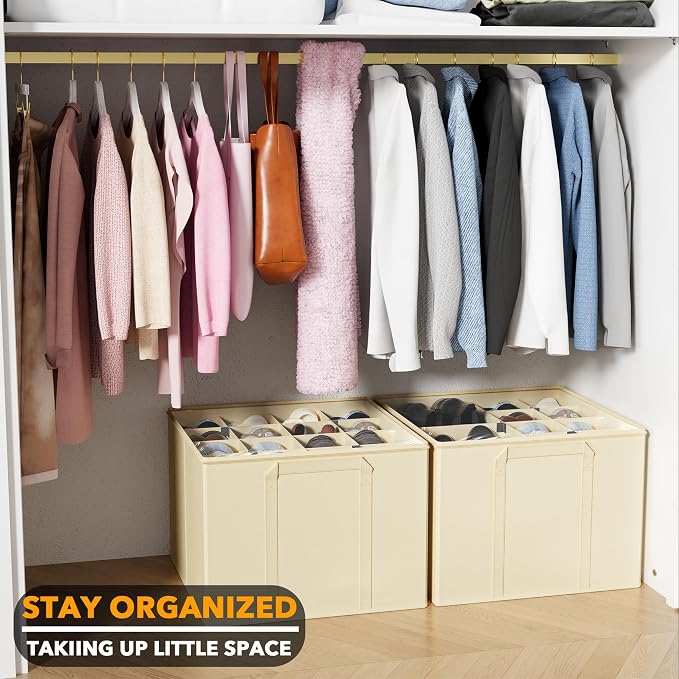 SpaceAid Shoe Organizer for Closet, 2 Pack Foldable Shoe Storage Containers Baskets Boxes Bins w/Adjustable Dividers, Fits 16-32 Pairs, Beige