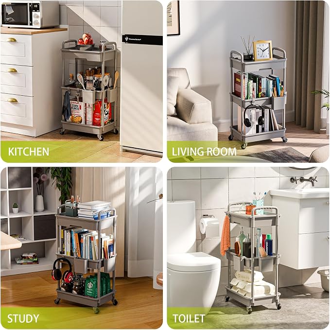 Sorgion 3 Tier Rolling Cart Organizer,Laundry Room Bathroom Organizers and Storage Office Shelves Mobile Shelving Unit Kitchen Trolley Cart with Wheels for Art,Craft,Diaper,Bedside,Snack(Grey)
