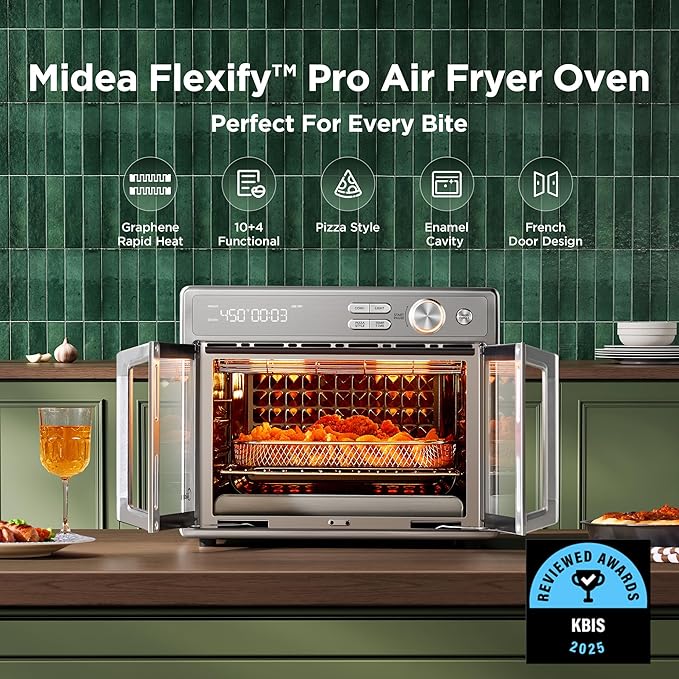 Midea Flexify Pro 10+4 Toaster Oven Air Fryer Combo, Graphene Juicy-Lock Cooking, French Door Countertop Oven, 450°F Flash Air Fry, 26.4 QT Stainless Steel