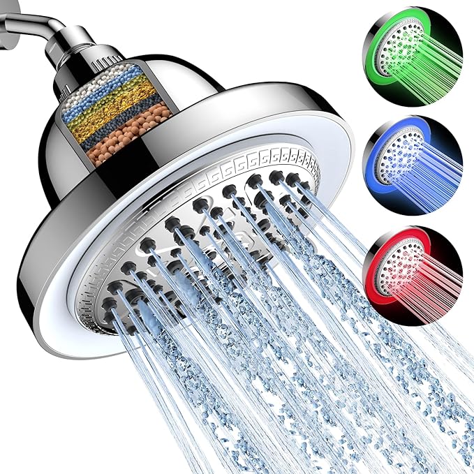 FEELSO Filtered Shower Head with LED Color Changing, 7 Modes High Pressure Rain Shower Head with Filters, Water Softener Showerhead for Hard Water Remove Chlorine, Reduces Dry Itchy Skin & Hair