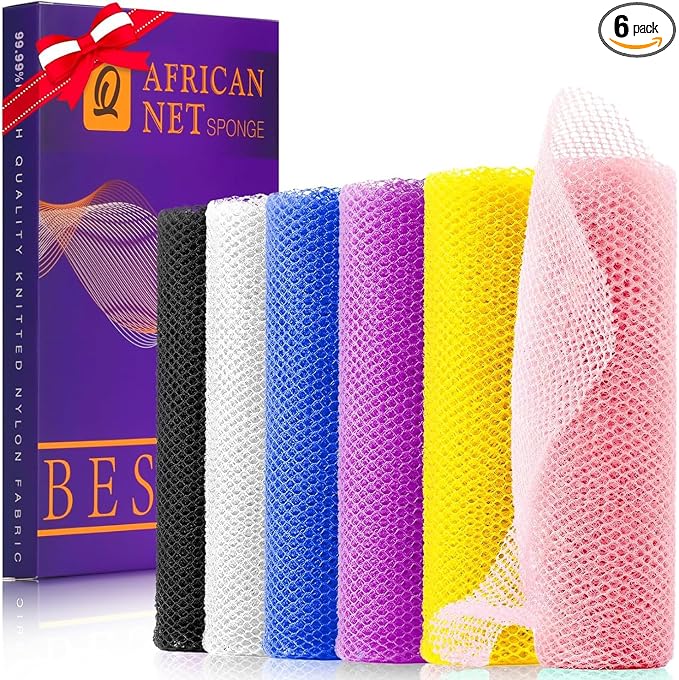 UJFQBH 6 Pieces African Bath Sponge African Net Long Net Bath Sponge Exfoliating Shower Body Scrubber Back Scrubber Skin Smoother,Great for Daily Use (Pink, Yellow, Purple, Blue, Black, Off-White)