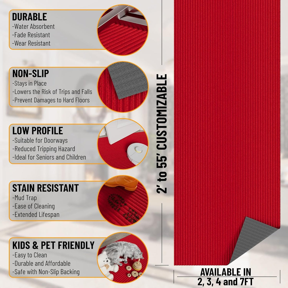 Ottomanson 2' x 10' Hallway Runner with Scraper Pile - Extra Durable Non-Slip Rug Mat for Indoor & Outdoor Use - Ideal for Kitchen, Entryway, Patio & Garage - High-Traffic Carpet, Red