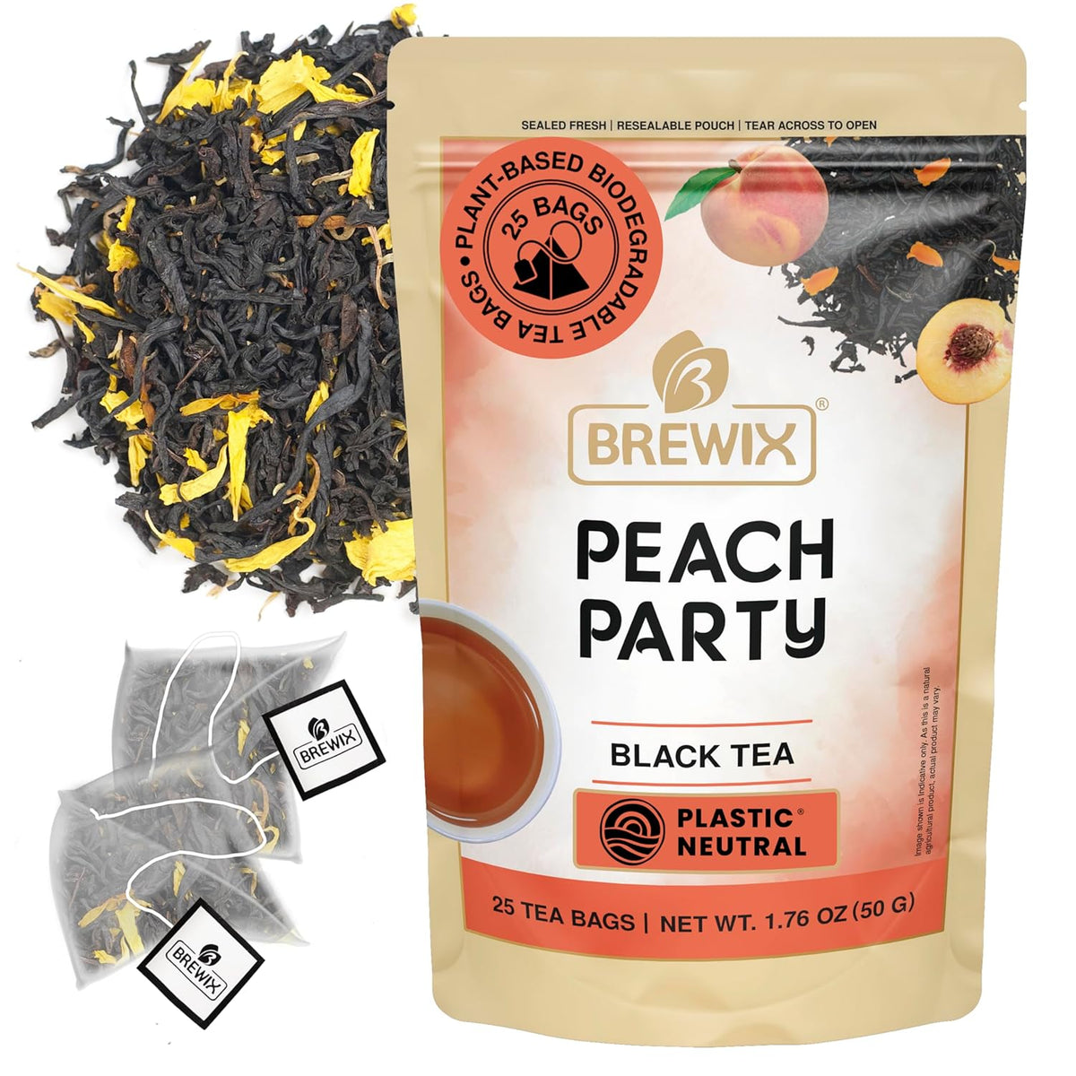 BREWIX, Peach Black Tea (25 Pyramid Bags) | Premium Black Tea with Peach | Floral & Refreshing | Iced or Hot | Caffeinated And Sugar-Free