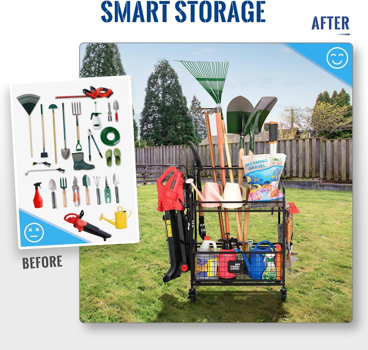 Mythinglogic Garden Tool Organizer for Garage, Yard Tool Rack with Wheels, Garage Organizers and Storage Holder for Yard Tools (Deluxe Tower)