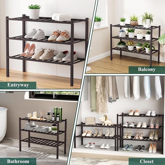 Smiry Small Bamboo Shoe Rack, 2 Tier Free Standing Wooden Shoe Organizer, Stackable Wood Shoe Storage Shelf for Closet, Entryway, 12 Vertical Slats, One-piece Standard Legs, 17.3"x11"x13", Brown