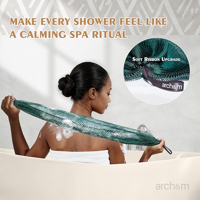 ARCH&M African Net Sponge Authentic Exfoliating Shower Bath Loofah | 53" Long Back Scrubber, Quick-Dry Mesh Body Scrubber, For Women and Men Smoother Skin, Travel Portable, Daily Use Skin Care