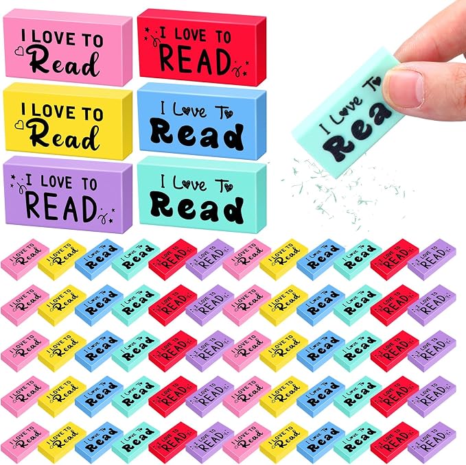 Dunzoom 200 Pcs Inspirational Erasers for Kids Back to School Gifts I Love to Read Small Colorful Pencil Erasers for Students Classroom Cute Motivational Gift for Drawing School Office Supplies